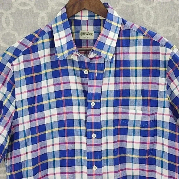 Vintage Gritmanbros. Made In USA Linen Blend Button Up Plaid Men's Short Sleeve - Picture 3 of 8